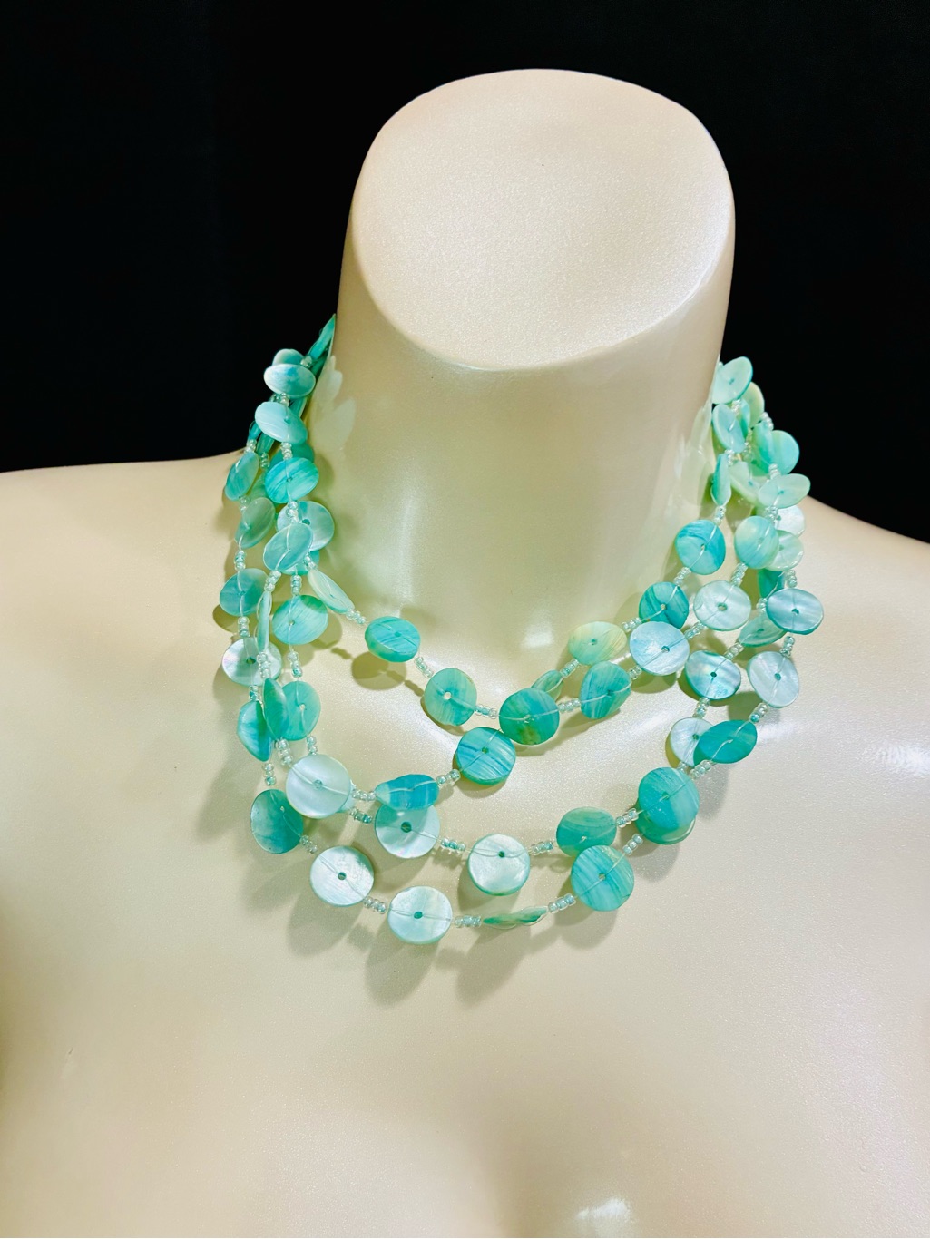 Coastal Aqua Multi-Strand Mother-Of-Pearl Disk Necklace Spring Summertime Chic